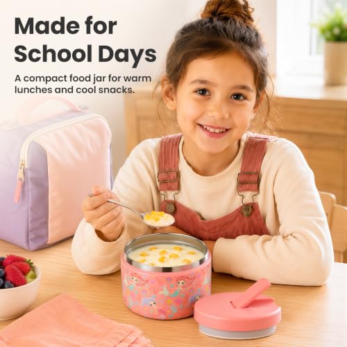 12oz Insulated Vacuum Food Jar with Buckle Lid Wide Mouth Soup Thermo for Hot Food Kids Leakproof Stainless Steel Lunch Container (Pink-Mermaid / 12OZ)