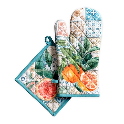 100% Cotton Oven Mitt & Pot Holder Set (010 - Agrume / 7.5" x 13" & 8" x 8" (Oven Mitt & Pot Holder))