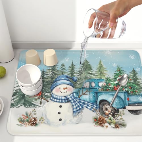 Winter Snowman Blue Dish Drying Mat Xmas Truck Dishes Pad 18"x24" Microfiber Absorbent Drainer Rack Mats Protector for Kitchen Counter Sink (Blue Snowman Truck / 18x24 inch)