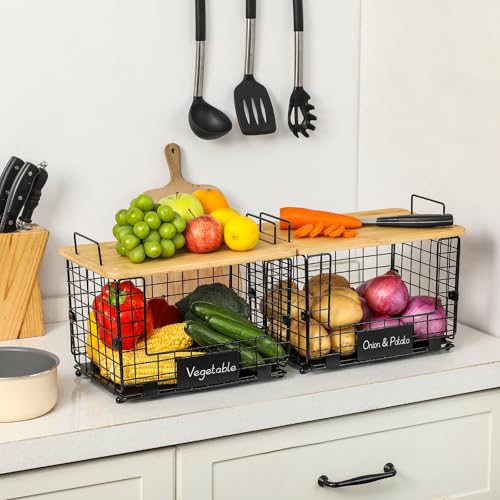 2 Set XL Stackable Wire Basket with Bamboo Tops & Tags (XL)