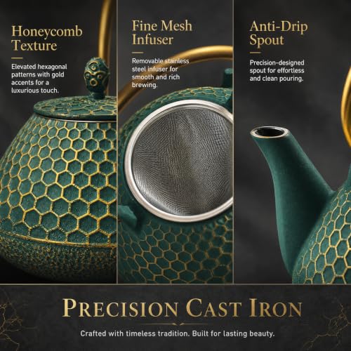 54oz Cast Iron Tea Kettle for Stovetop (54oz Dark Green Hexagon Pattern)