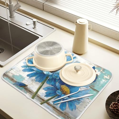 Rustic Daisy Blue on Vintage Wooden Dish Drying Mat for Kitchen Counter Absorbent Microfiber Small Drying Pad Dish Mats for Kitchen Countertops 16 x 18 Inch (18" x 16")