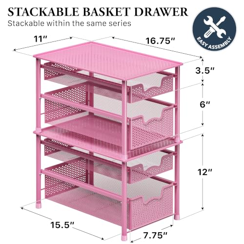 Stackable 2 Tier Sliding Basket Organizer Drawer (2-Tier / Pink)