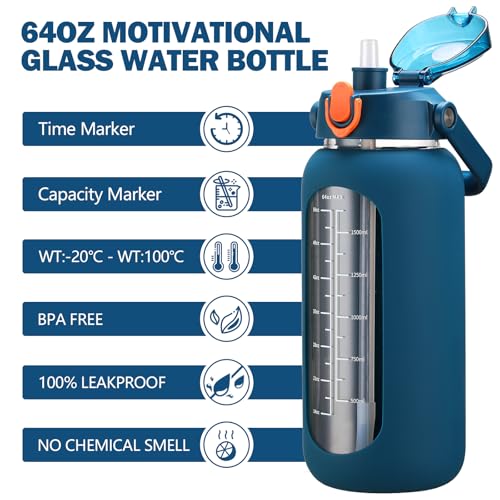 64oz Glass Water Bottles with Straw (Blue / 64 Ounces)