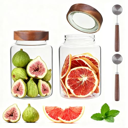 60 oz Glass Coffee Jars with Wooden Airtight Lid Spoon Clear Herb Ground Canister Round Food Storage Container for Sugar Pantry Flours Tea Coffee Bean Spice Cookies (1800ml/60oz-2PACK（with spoon))