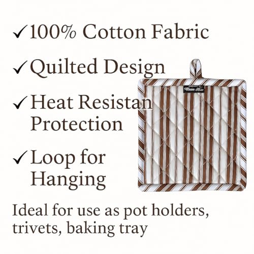 Double Stripe Pot Holders Heat Resistant Cotton Set of 3 Nonslip 8"x8" Inch Hot Pads for Kitchen (8x8 inches / Double Stripe Brown)