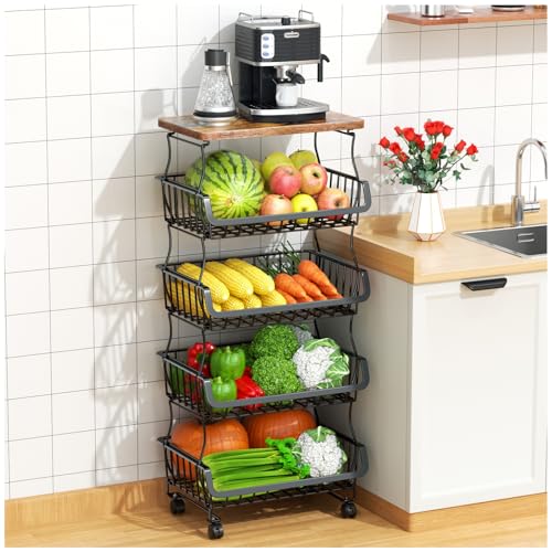 5 Tier Fruit and Vegetable Basket for Kitchen with Wheels (5 Tier / Black With Wooden Top)