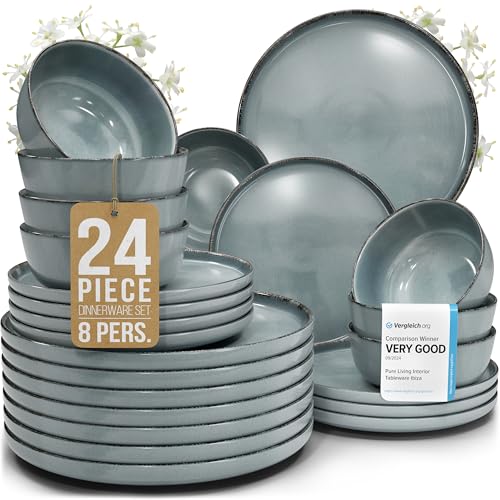 24 Piece Stoneware Dinnerware Set for 8 (Rustic / Smoke Blue / Set for 8 (24pcs))