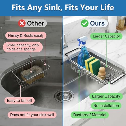 Over The Kitchen Sink Caddy Sponge Holder Organizer Drying Rack Expandable for Sponge Brush Soap 13.8" to 20.8" (Standard-1)