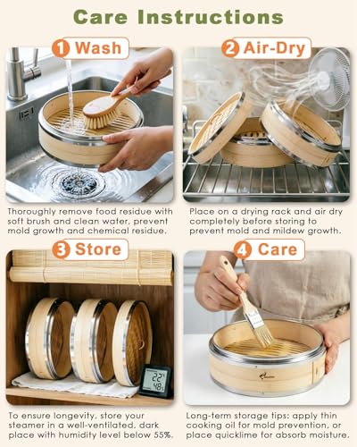 Bamboo Steamer Basket with Stainless Steel Rim 12 Inch Dumpling Steamer Kit (Bamboo Steamer / 12 Inch)