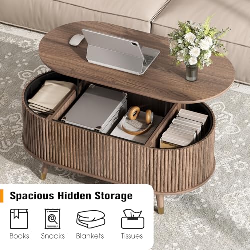 Oval Lift Top Coffee Table with Storage for Living Room (Warm Walnut)