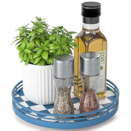 Blue and White Checkerboard Lazy Susan with Rubberwood Base and Metal Rail (Blue & White / 9 inches)