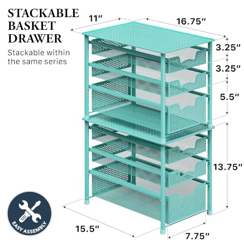 Stackable 3 Tier Slide Basket Organizer Drawer (3-Tier / Turquoise)