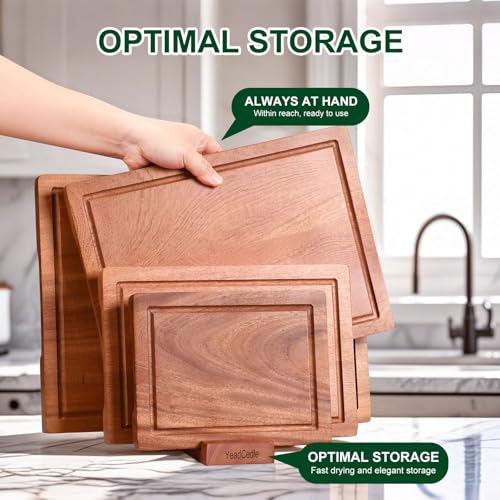 Wooden Cutting Board Set of 4 with Holder Solid Wood Chopping Boards for Kitchen with Juice Grooves Thick Large Cutting Board (15.7"L x 11.8"W)