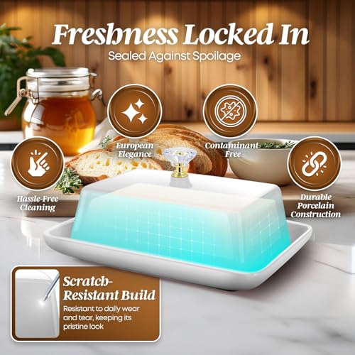 Large Ceramic Butter Dish with Lid & Crystal Handle (White – Crystal Handle / Large)