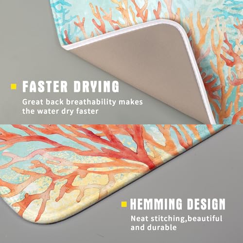 Coastal Coral Dish Drying Mat Beach Ocean Drainer Rack Mat 16x18 Inch Microfiber Absorbent Reversible Dish Dry Pad for Kitchen Counter Sink (Pink Coastal Coral / 16x18 inch)