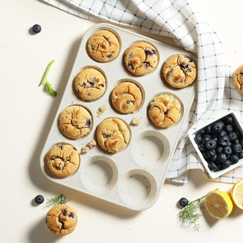 2 Pack 12 Cups Silicone Muffin Pan with Metal Reinforced Frame Regular Size Silicone Molds Cupcake Cake Baking Pans Cookie Baking Chocoflan Cupcake Mold Not Stainless Steel Ceramic Aluminum (2pc: 12-Cup Regular / Black and Cream)
