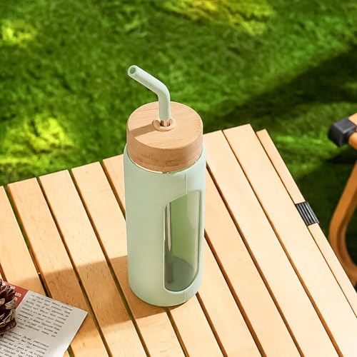 32 oz Glass Water Bottle with Straw and 2 Lids (Light Green / 32 Ounces)