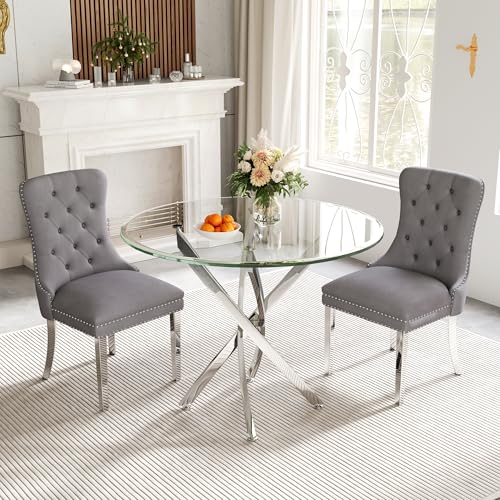 36" Round Glass Dining Table for 4 (Silver Round Table / 1 Piece)