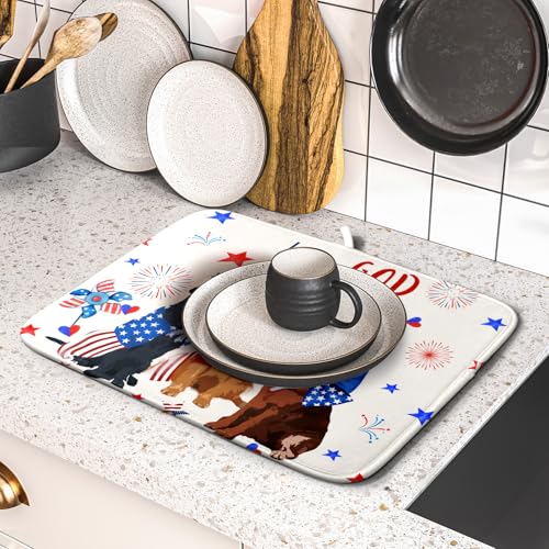 4th of July Patriotic Dogs Dish Drying Mat American Independence Day Dish Dry Pad 16"x18" Absorbent Dishes Drainer Mat for Kitchen Counter (Patriotic Dogs / 16" x 18")