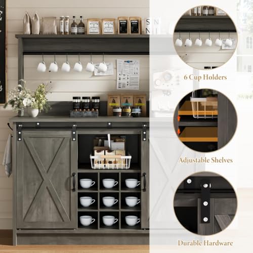 47" Farmhouse Coffee Bar Cabinet with Storage Hutch (47Inch / Grey)