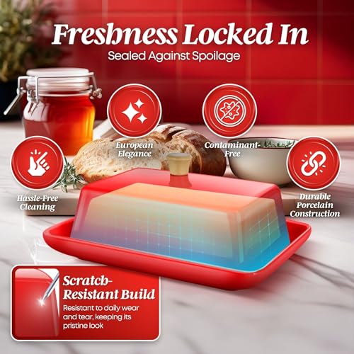 Large Ceramic Butter Dish with Lid for Countertop (Red / Large)