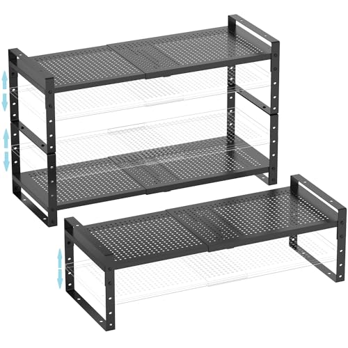 Expandable Shoe Rack Stackable Metal Pantry Storage Shelves Stand Adjustable Height Cabinet Shelf Organizer Racks Spice Shelving (Black / 3PACKS/BLACK/MEDIUM)