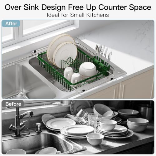 Green Dish Drying Rack Over the Sink with Utensil Holder (Green / For 12.5"-30"w Sink, Expandable)