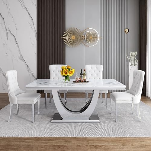 Marble Dining Table Set for 4 (Silver-white & White Chairs / 5-piece (Table + 4 Chairs))