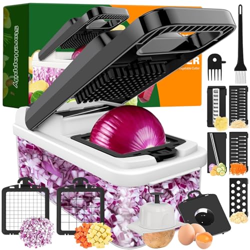 12-in-1 Vegetable Chopper 7 Blades, Veggie Cutter with Handle, Black/White
