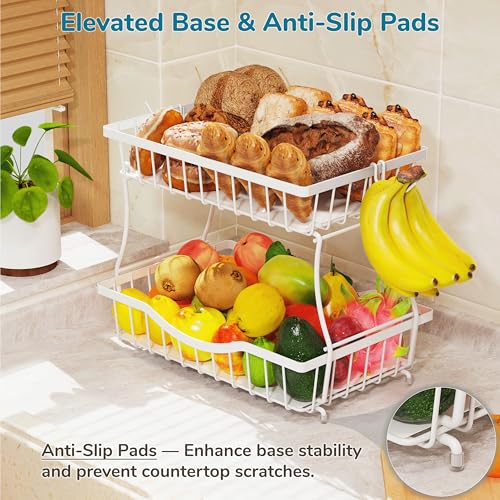 Large 2 Tier Fruit Basket for Kitchen Counter with 2 Banana Hangers (White)