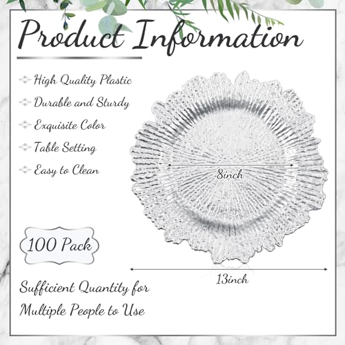 100 Pcs Silver Charger Plates 13 Inch Plastic Texture Round (Classic Style / Silver)