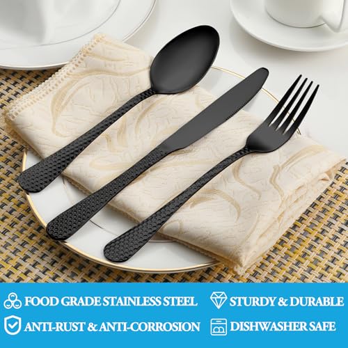 60 Pcs Black Hammered Silverware Set Service for 12 (Black)