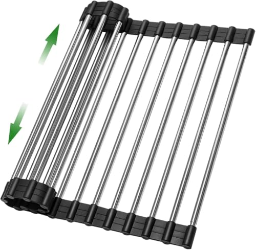 Expandable Roll Up Dish Drying Rack Over The Sink Rack (Black+silver Expandable)