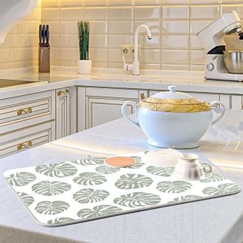 Green Palm Monstera Leaves Dish Drying Mat for Kitchen Counter Absorbent Microfiber Drying Pad (18" x 18")