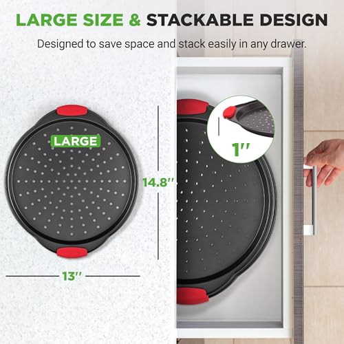 2-Piece 13-Inch Nonstick Pizza Tray, Round Carbon Steel Non-Stick Pizza Pan with Perforated Holes, Premium Bakeware Pizza Screen with Silicone Grip Handles, Dishwasher Safe, NCBPIZX2 (2 Count)