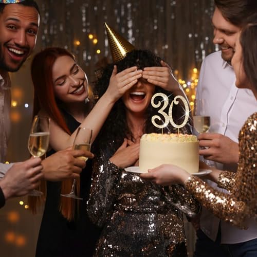 30th Birthday Decorations for Women Rhinestone Gold Cake Topper (30)