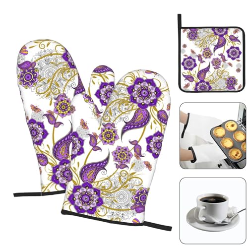 Purple Flower Oven Mitts and Pot Holders Sets of 3 Kitchen Decor (3 Count)