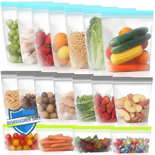 18 Pack Stand Up Reusable Freezer Bags (Multicolor / 18 Pack - 7 Gallon, 7 Sandwich, 4 Snack Bags)