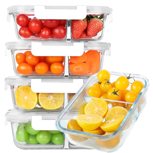 30 oz 5 Pack Glass Meal Prep Containers 2 Compartments (White / 2-Compartment 30 oz)