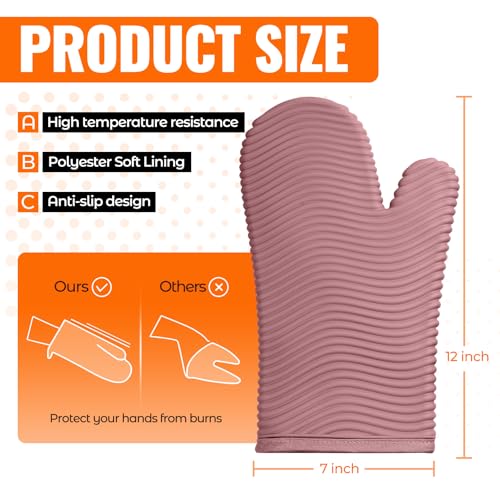 Silicone Oven Mitts (2PCS-12"L x 7"W/PINK-WAVE SURFACE)