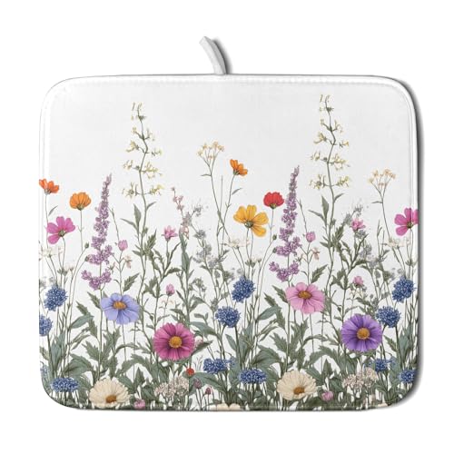Flower Herbs Dish Drying Mat Botanical Plant Dishes Drainer Mat 16x18 inch Reversible Microfiber Drying Dish Pad for Kitchen Counter Decor (Flower Herbs Plant / 16" x 18")