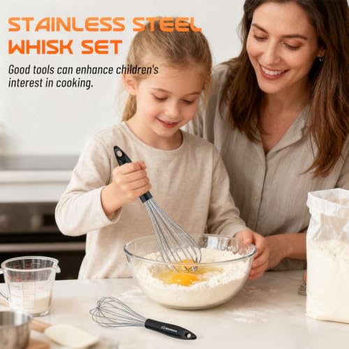 Whisk Set 8" 10" 12" Kitchen Whisk (Black-Silver / 3 Piece)