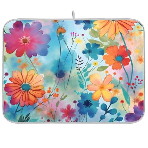 Colorful Flowers Blue Dish Drying Mat for Kitchen Counter Absorbent Microfiber Drying Pad (16" x 18")