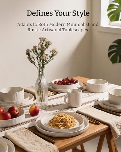 Stoneware Dinnerware Set with Pasta Bowls (Oat White / Service for 6 - Double Bowls)