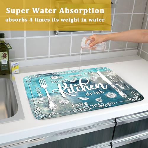 Blue Grey Dish Drying Mat 18x24 Inch Cooking Delicious Absorbent Drying Pad Heat Resistant Dish Drainer Mats for Kitchen Countertop (Blue Kitchen Cooking / 18" x 24")