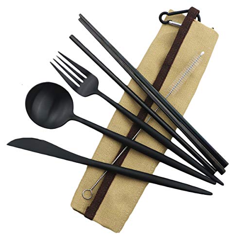 Reusable Travel Utensils (Khaki Pouch / Black)