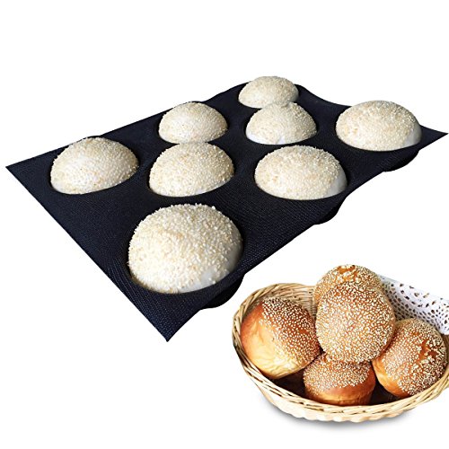 Silicone Bun Bread Forms Round Shape Trays Perforated Bakery Molds Fit Half Pan Size (8 Caves 4" Round Shape For Bun)