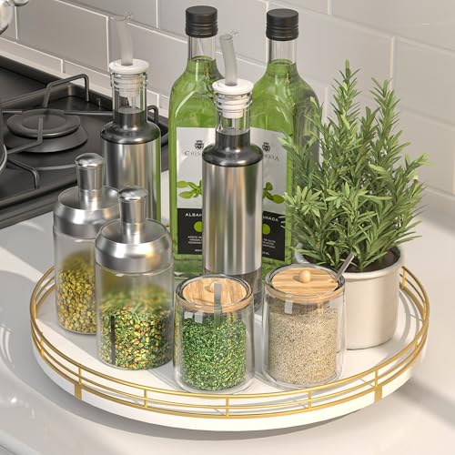 12 Inch White Wooden Lazy Susan Spice Organizer with Gold Rail (White & Gold / 12)