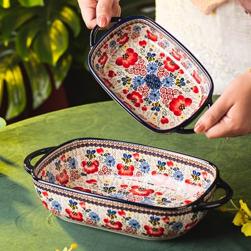 Baking Dish Ceramic Baking Pan Blue Casserole Dish Porcelain rectangular Baking Set 2pcs Bakeware Sets Single Serving Size Lasagna Pan Baking Dishes for oven (Honey Flower)